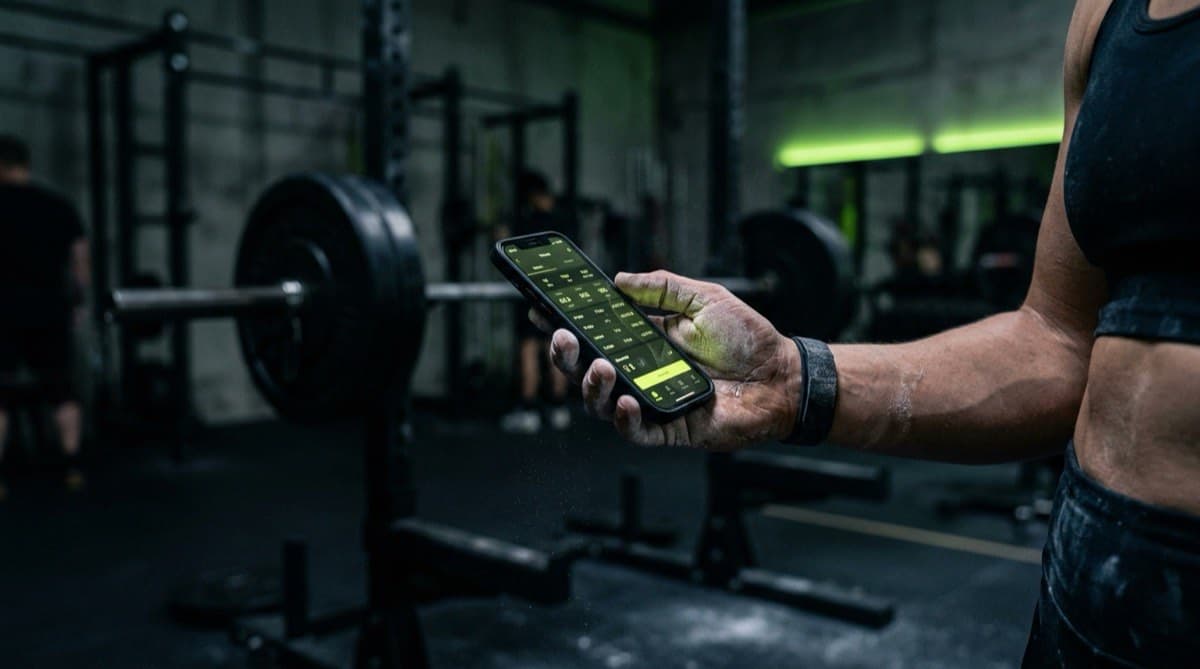 Hand holding a smartphone with a glowing screen in a dark gym between sets
