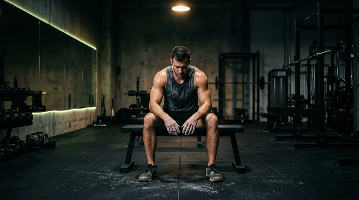 A lifter sitting on a gym bench between heavy sets, resting with a water bottle while loaded barbell plates wait in the background