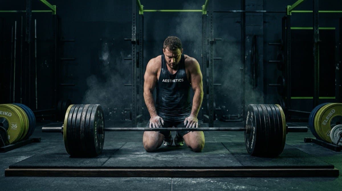 Lifter kneeling behind a heavy loaded barbell preparing for an attempt, chalk dust hanging in the air