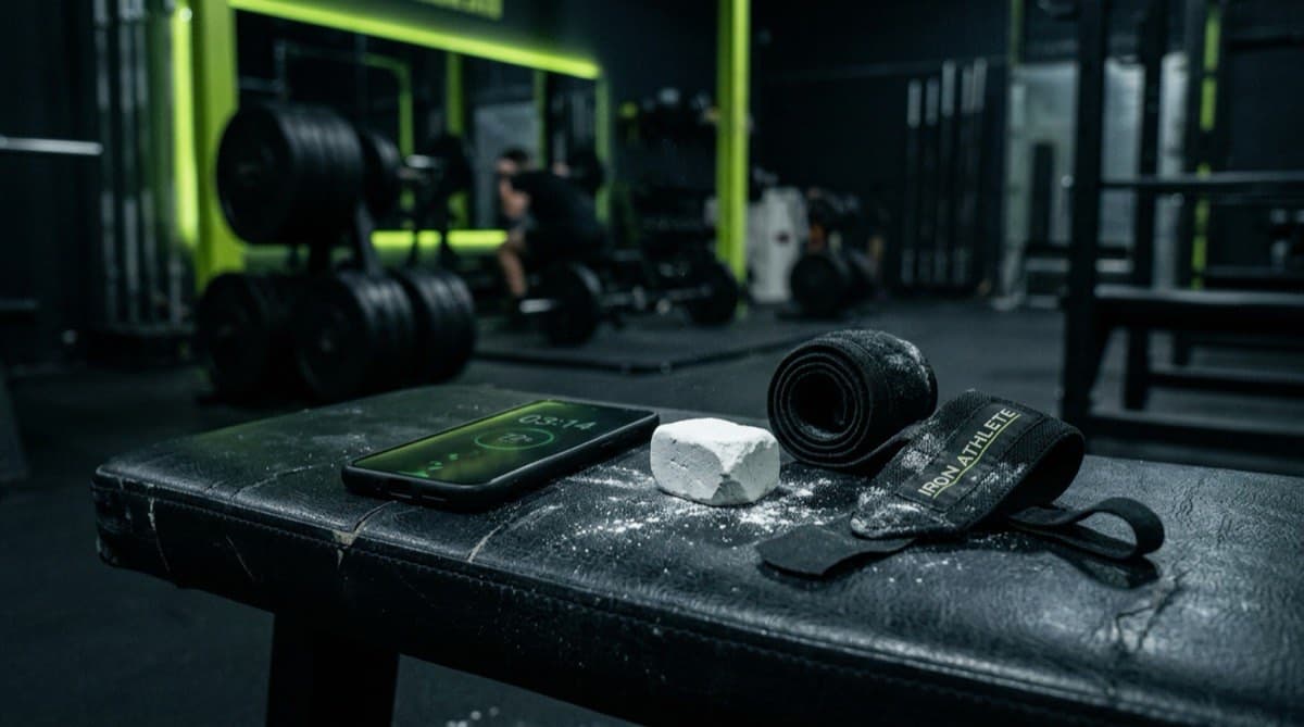 Smartphone on a gym bench next to chalk and wrist wraps, screen glowing with workout numbers