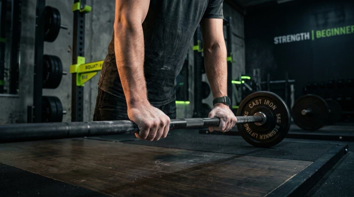 Beginner lifter’s chalked hands gripping a lightly loaded barbell in a dark gym