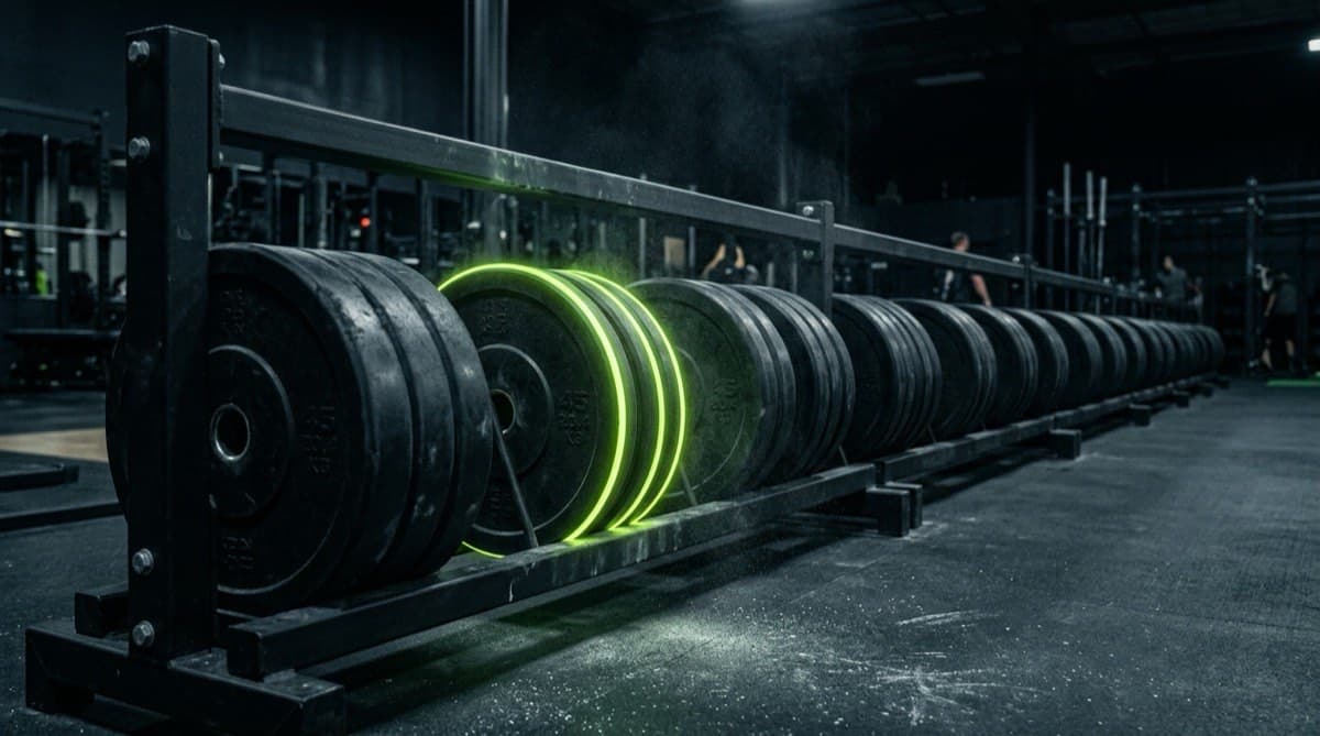 Stacks of black weight plates in rows of three on a rack, one stack lit in lime green