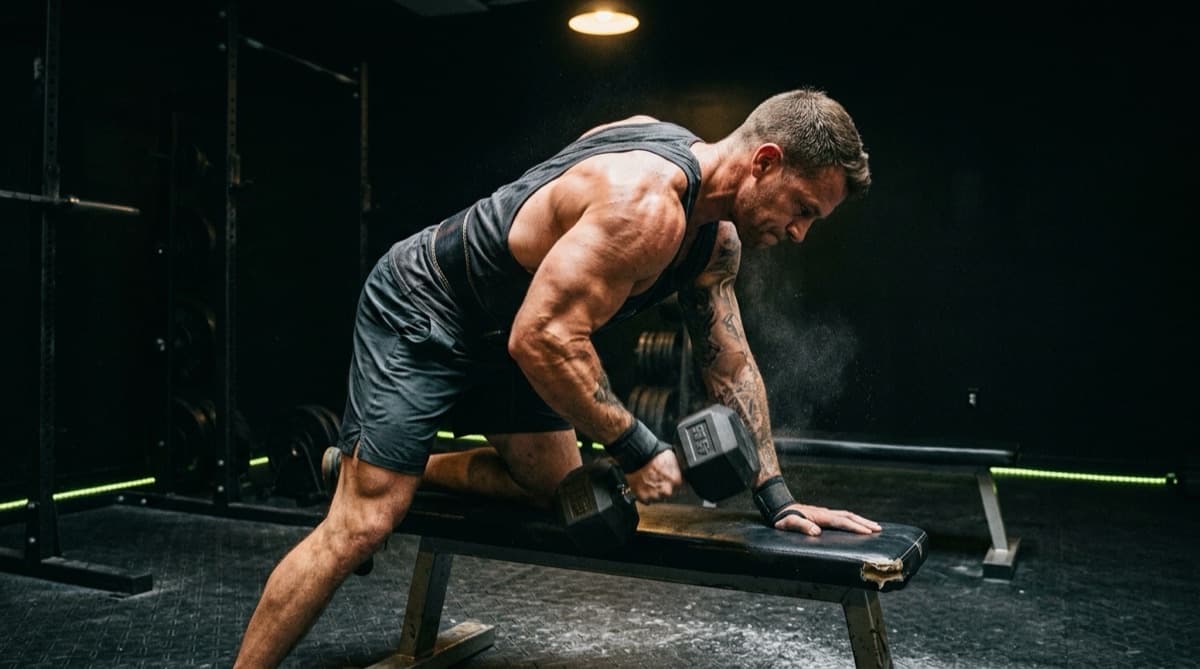 A lifter pausing between barbell squat sets to record an RPE rating in a training log at the gym.