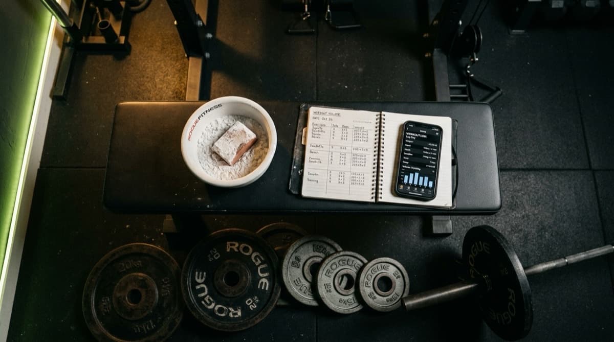 Overhead view of a gym bench with chalk bowl, workout notebook, phone showing a tracker app, and weight plates on the floor