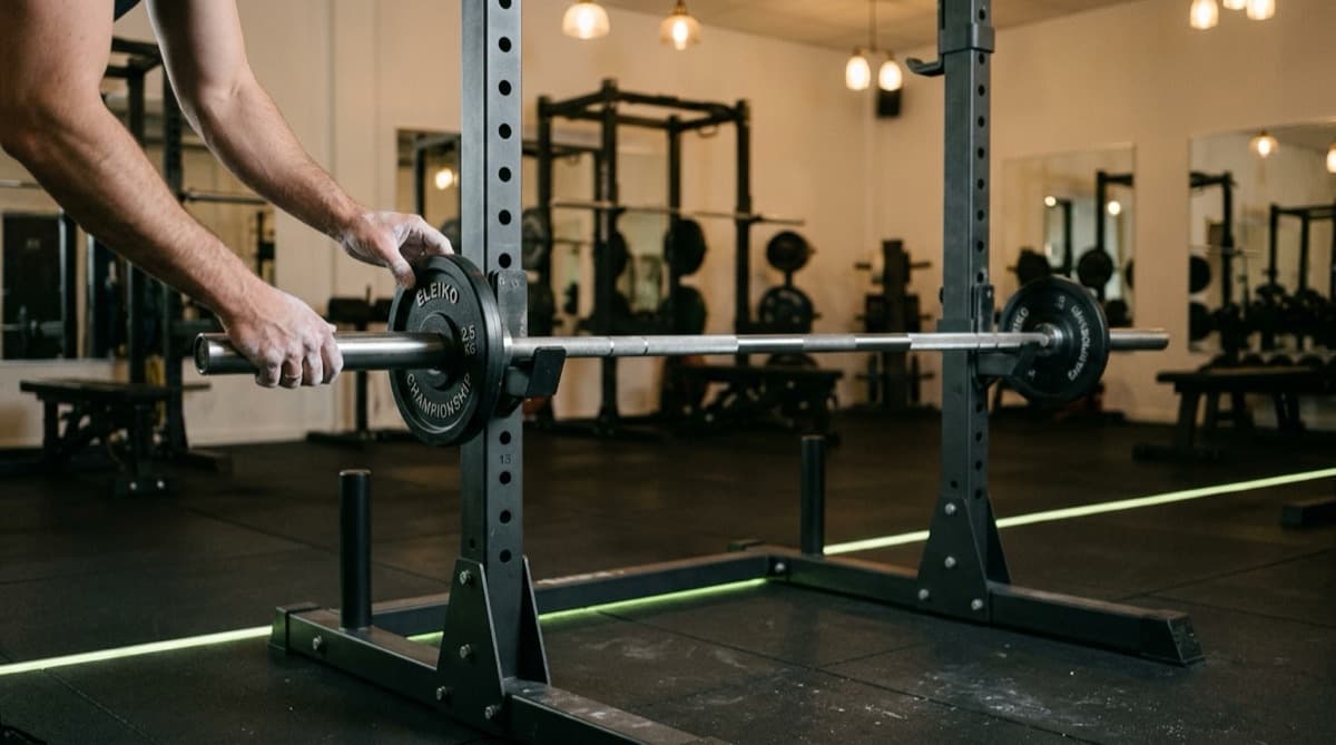 A barbell loaded with weight plates rests on a squat rack in a well-lit gym, prepared for a progression from warm-up sets to heavy working sets.
