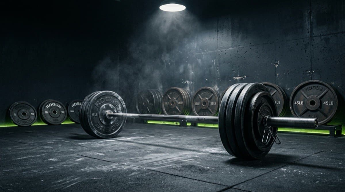 Loaded barbell on the gym floor with iron plates arranged small to large behind it, symbolising progressive overload