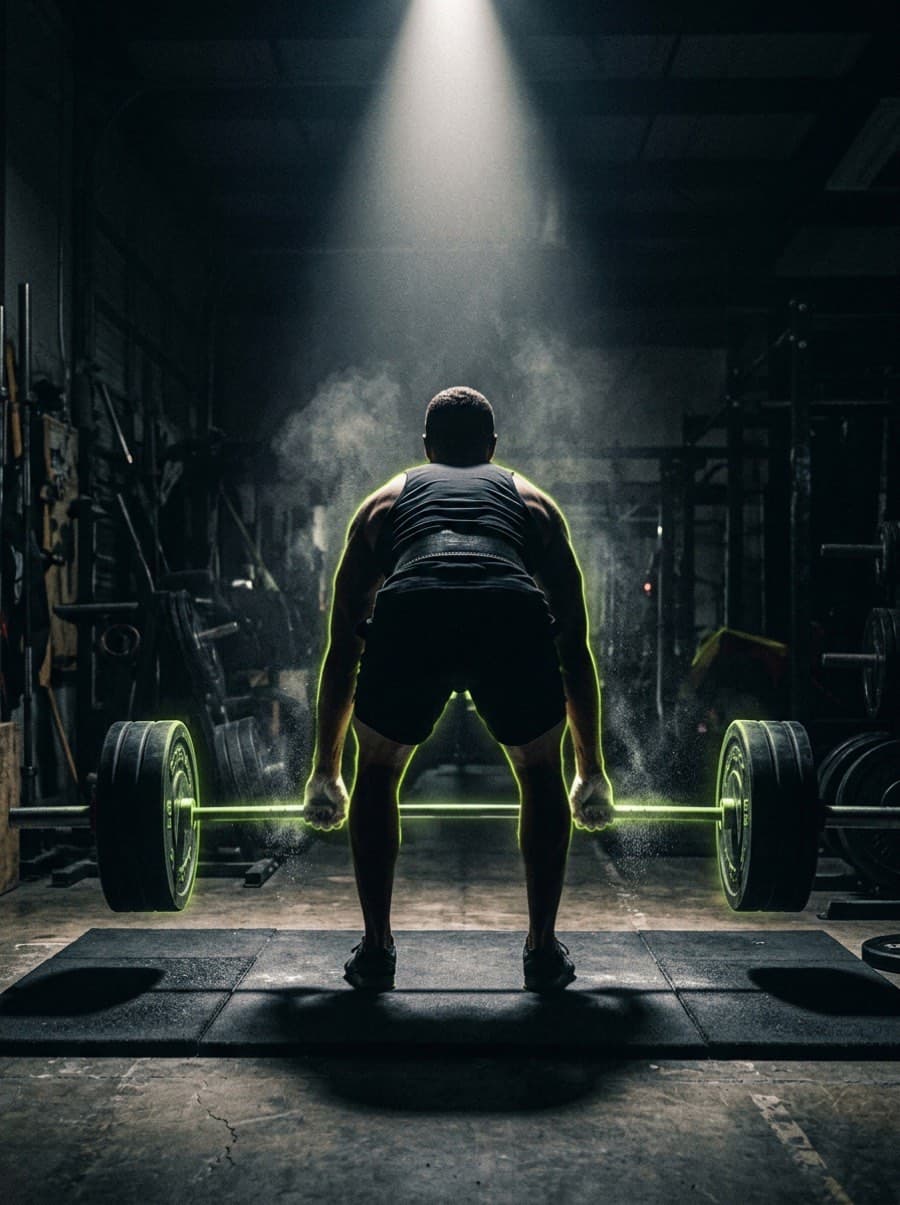Lifter in silhouette setting up a deadlift under a spotlight, barbell rimmed in lime light