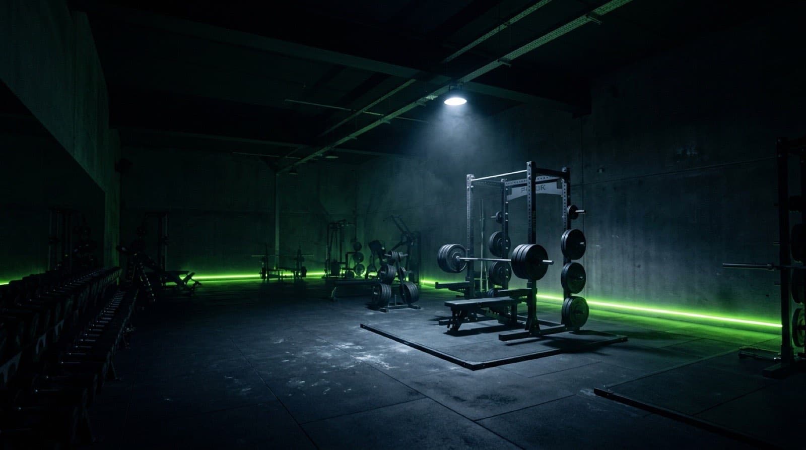 Dark strength gym at night with a loaded barbell in a power rack under a spotlight and lime LED floor lighting
