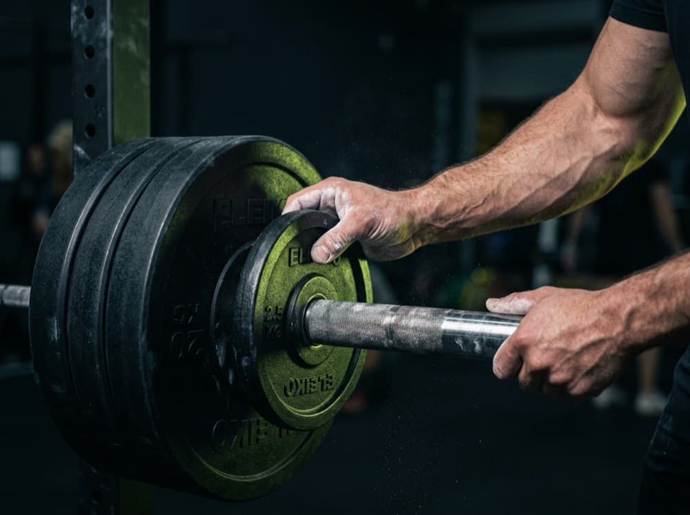 Chalked hands loading a 2.5 kg change plate onto a barbell — the smallest step of progressive overload